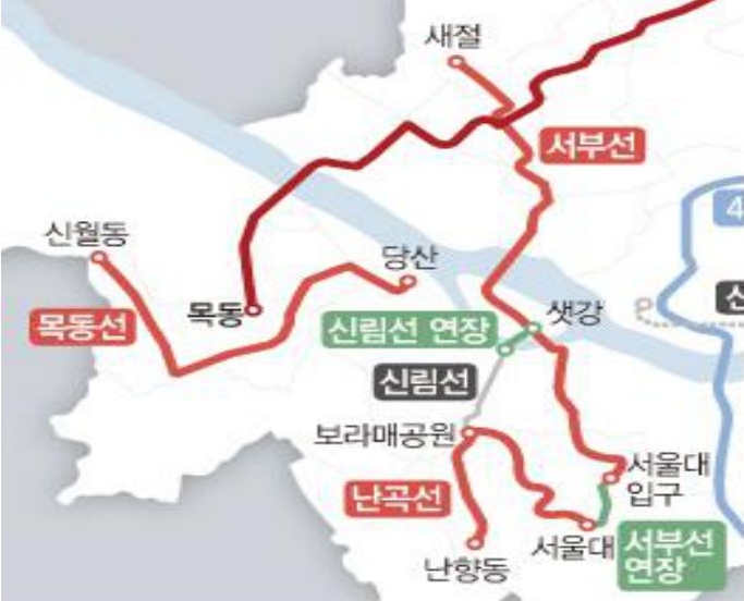 여의도 인근에 계획 중인 도시철도망을 나타낸 지도. 목동선, 서부선, 신림선, 난곡선 등이 나타나 있다.