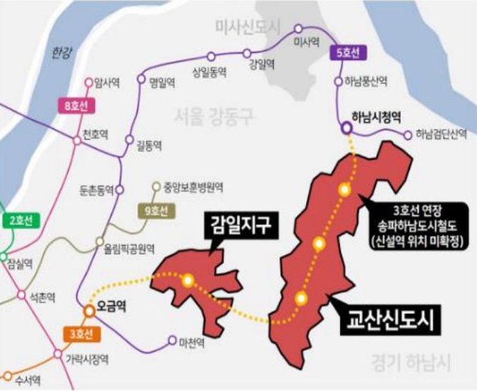 송파와 하남을 잇는 3호선 연장노선에 대한 지도. 감일지구, 교산신도시 등을 지나갈 것으로 보인다.