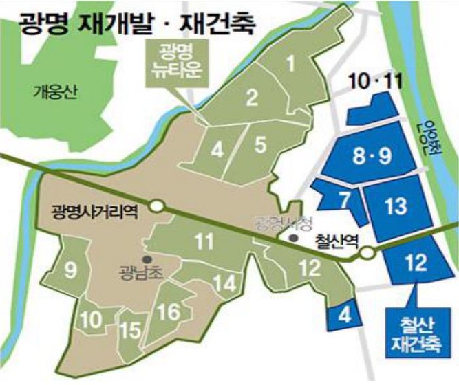 광명뉴타운 및 철산주공의 재개발 및 재건축 단지를 나타내는 지도. 