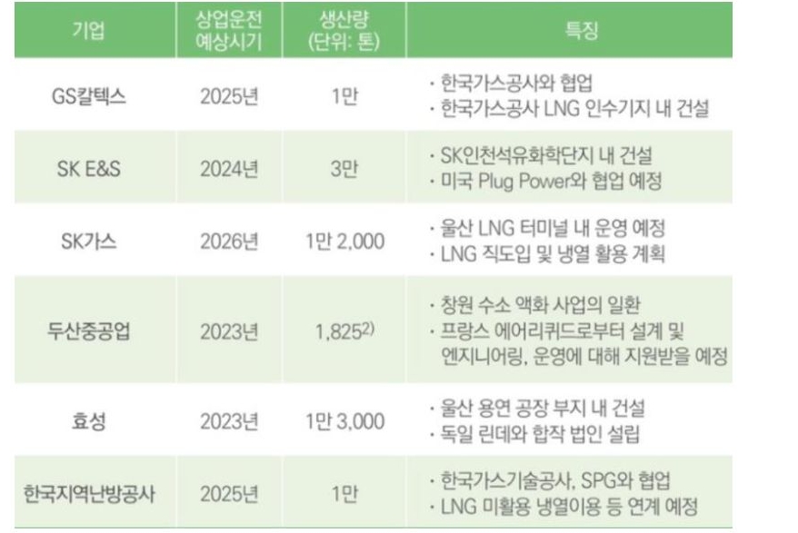 국내 '액화수소 플랜트' 구축 현황 표.