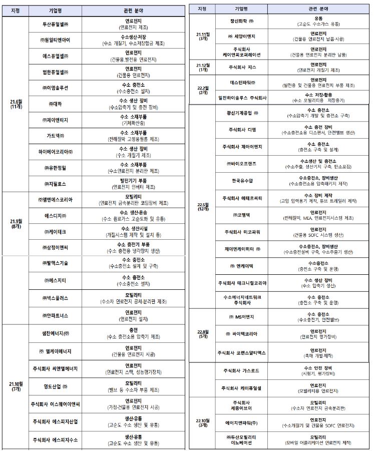 정부의 '수소전문기업' 선정 현황 표.