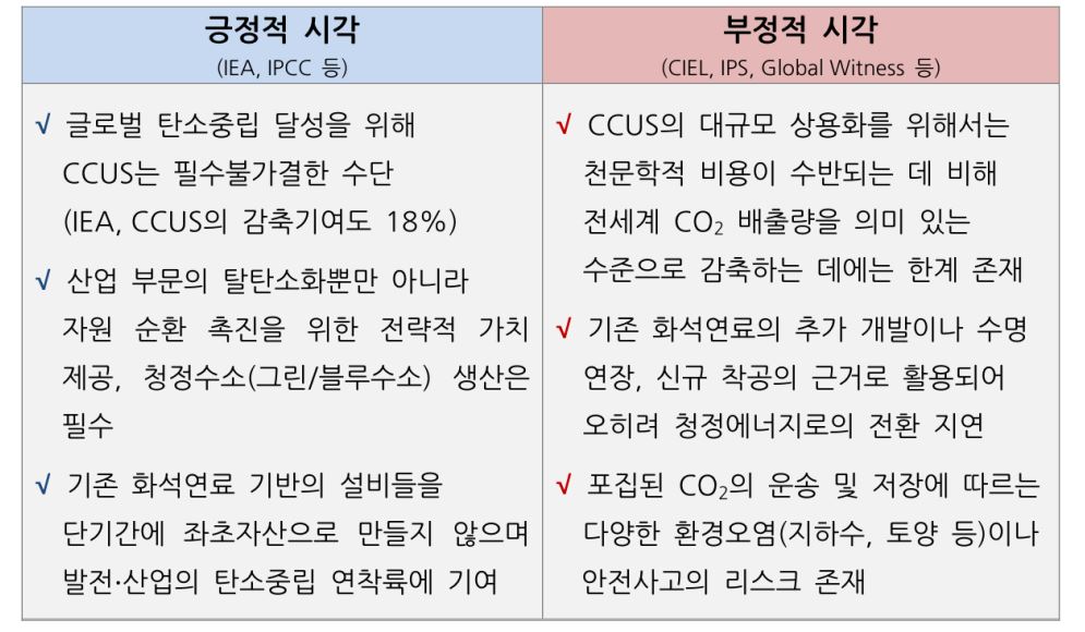 주요 '국제기관'에서 '탄소포집활용저장'을 바라보는 긍정적, 부정적인 시각을 설명함.