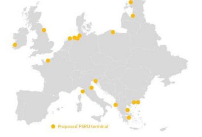 러시아-우크라이나 전쟁 후 EU에 추가 예정인 'FSRU'의 위치 사진. EU 각국은 러시아 가스 수입 의존도를 낮추고자 FSRU 도입에 적극적인 추이이다.