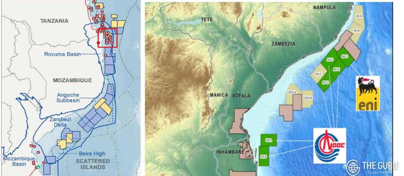 '모잠비크' 지역의 심해 천연가스전 위치가 나타난 지도. 최근 중국은 모잠비크 천연가스전에 대한 탐사권을 다수 확보하는 등 공격적 행보를 이어가고 있다.