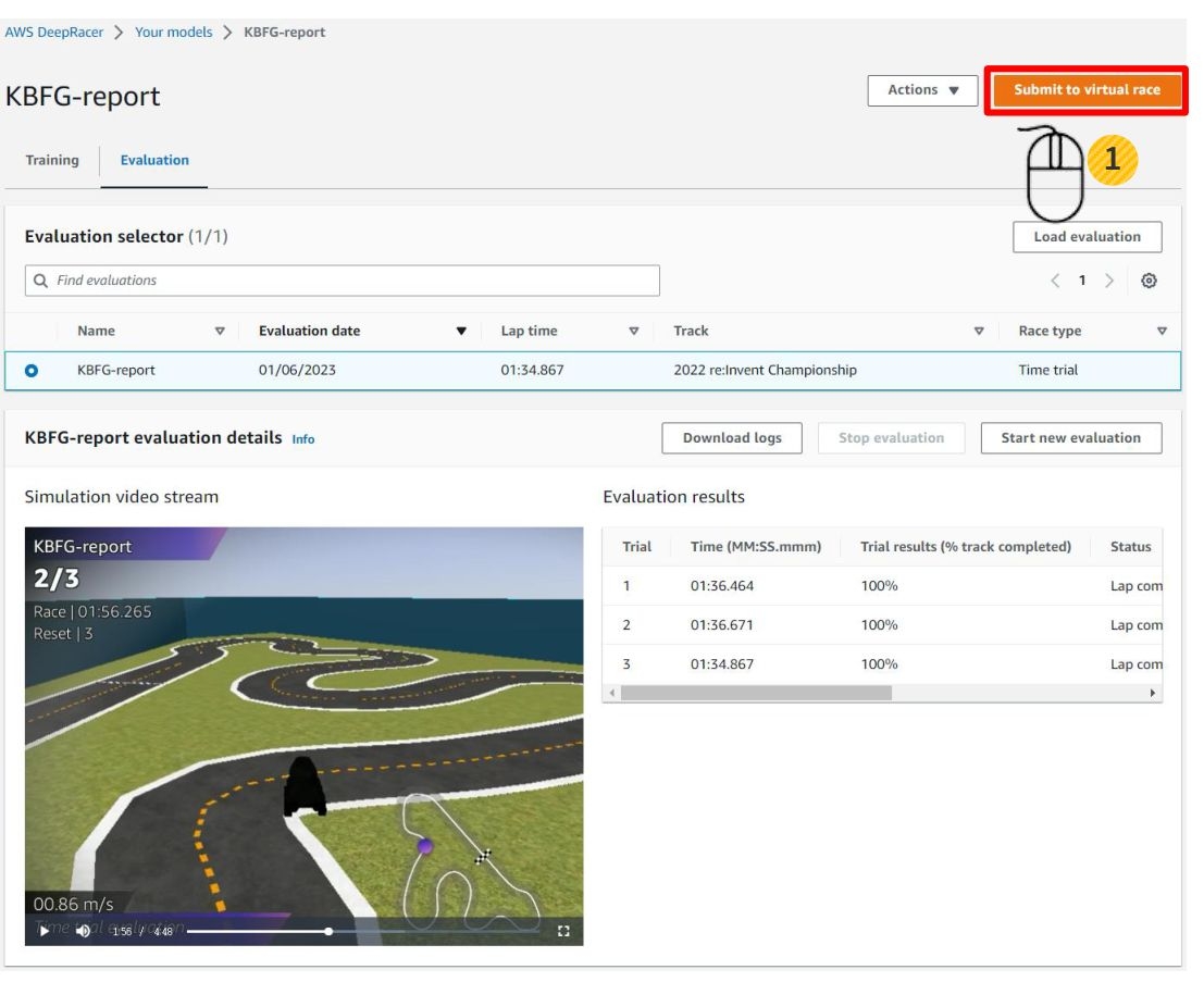 AWS DeepRacer의 평가 결과 화면이다.