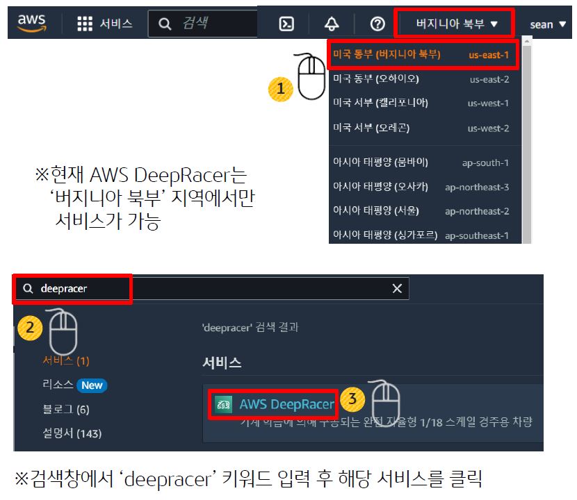 사용 지역 변경 및 AWS DeepRacer 서비스 접속 방법을 안내하는 이미지이다.