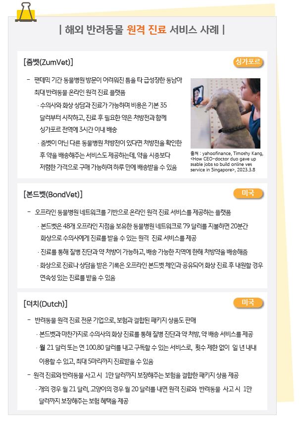 '해외 반려동물 원격 진료 서비스 사례'에는 싱가포르의 '줌벳', 미국의 '본드벳', 미국의 '더치'가 있음.