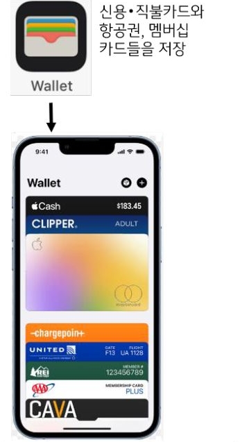 '월렛'은 '아이폰 사용자'가 일반 신용카드, 직불카드 등을 등록하거나, 멤버십 카드, 항공권 등을 저장할 수 있는 앱으로, 한국의 ‘시럽(Syrup)’ 앱과 유사.