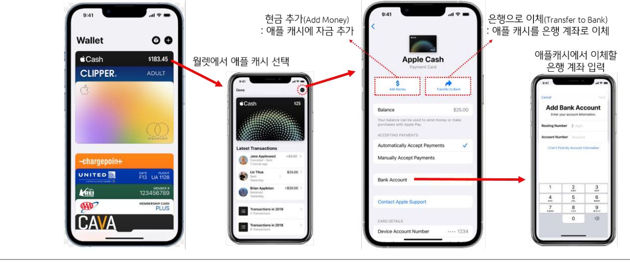 '애플캐시'는 '월렛'에 저장되는 직불카드 중 하나로, 실물 카드는 없이 가상으로만 존재. 결제가 가능한 카드이므로 '애플페이'를 통해 온오프라인 결제 가능.