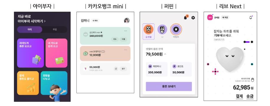 국내 '틴즈'들을 위한 금융서비스 앱들의 홈 화면. 국내에서도 7~16세 아동, 청소년을 대상으로 한 금융서비스들이 하나둘 등장하는 추이.