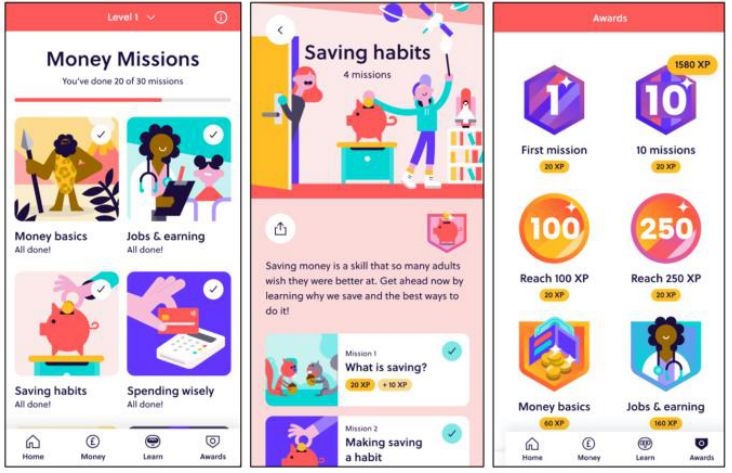 '고헨리' 앱의 기능들을 나타내는 화면. 연령별 차별화된 금융 교육 컨텐츠의 일환으로, 해당 앱에서의 미션들을 완료하는 아이들의 저축 비율과 금액이 높게 나타난다.