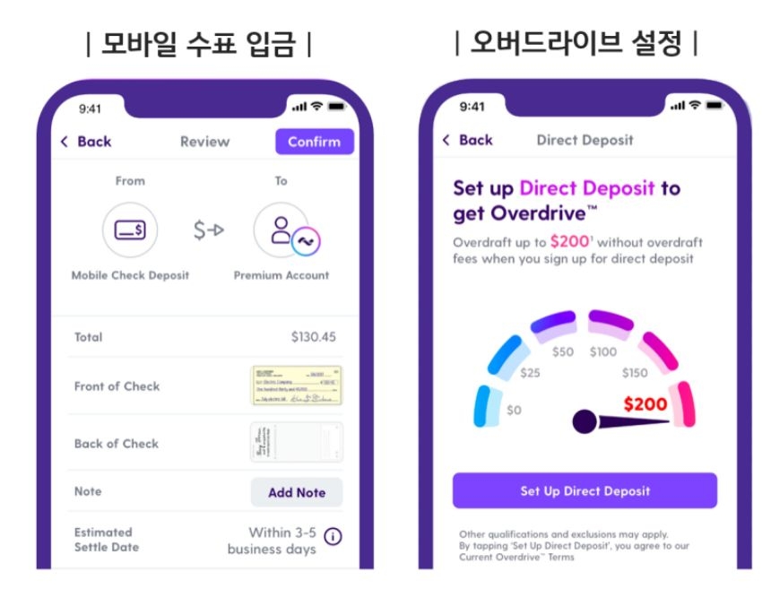 '커런트' 앱의 '모바일 수표 입금'과 '오버드라이브 설정' 화면. 오버드라이브는 직불카드 결제 금액의 한도를 일시적으로 증가시켜주는 기능을 의미.
