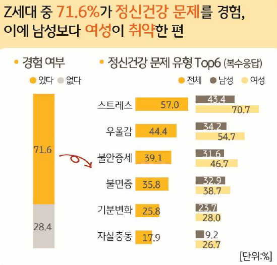 Z세대 중 ' 정신 건강' 문제 경험 여부와 '정신건강 문제 유형' Top6에 대해서 설명하고 있다. 