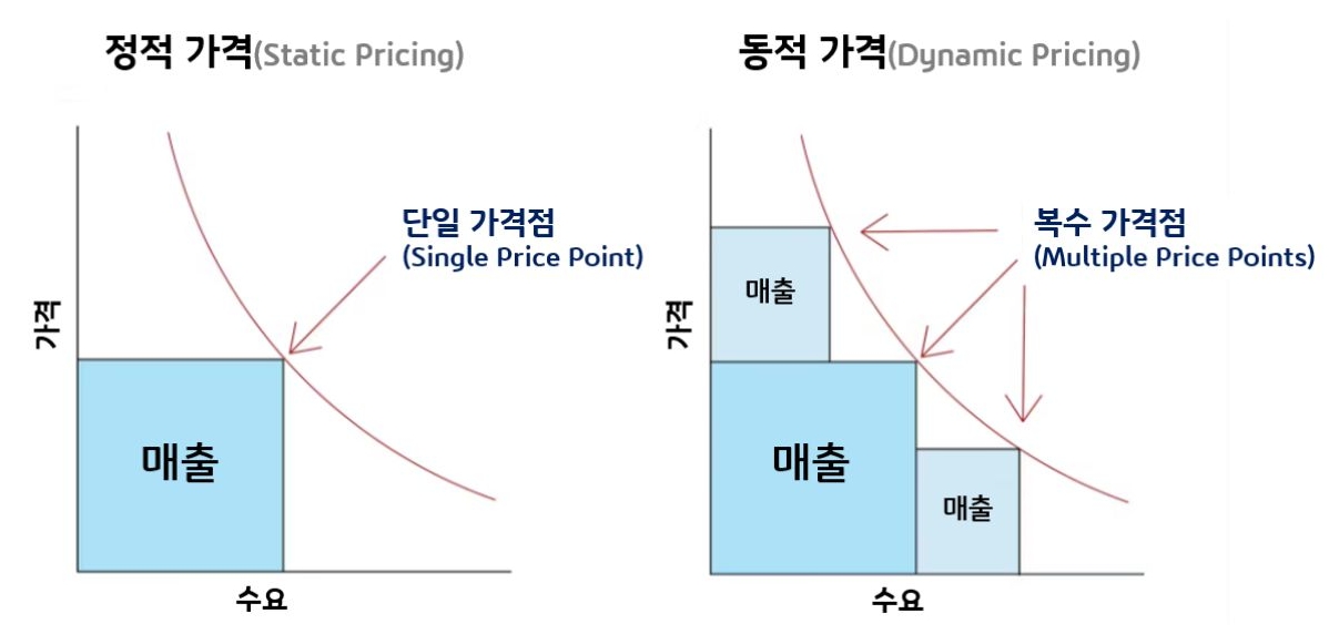 '다이내믹 프라이싱'의 '작용 원리'를 정적 가격과 동적 가격을 구분지어 설명하고 있다.