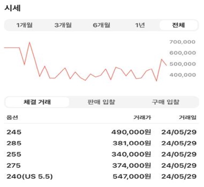 크림 운동화 '시세'를 1개월, 3개월, 6개월, 1년 단위로 변동된 내역을 확인할 수 있는 정보이다.
