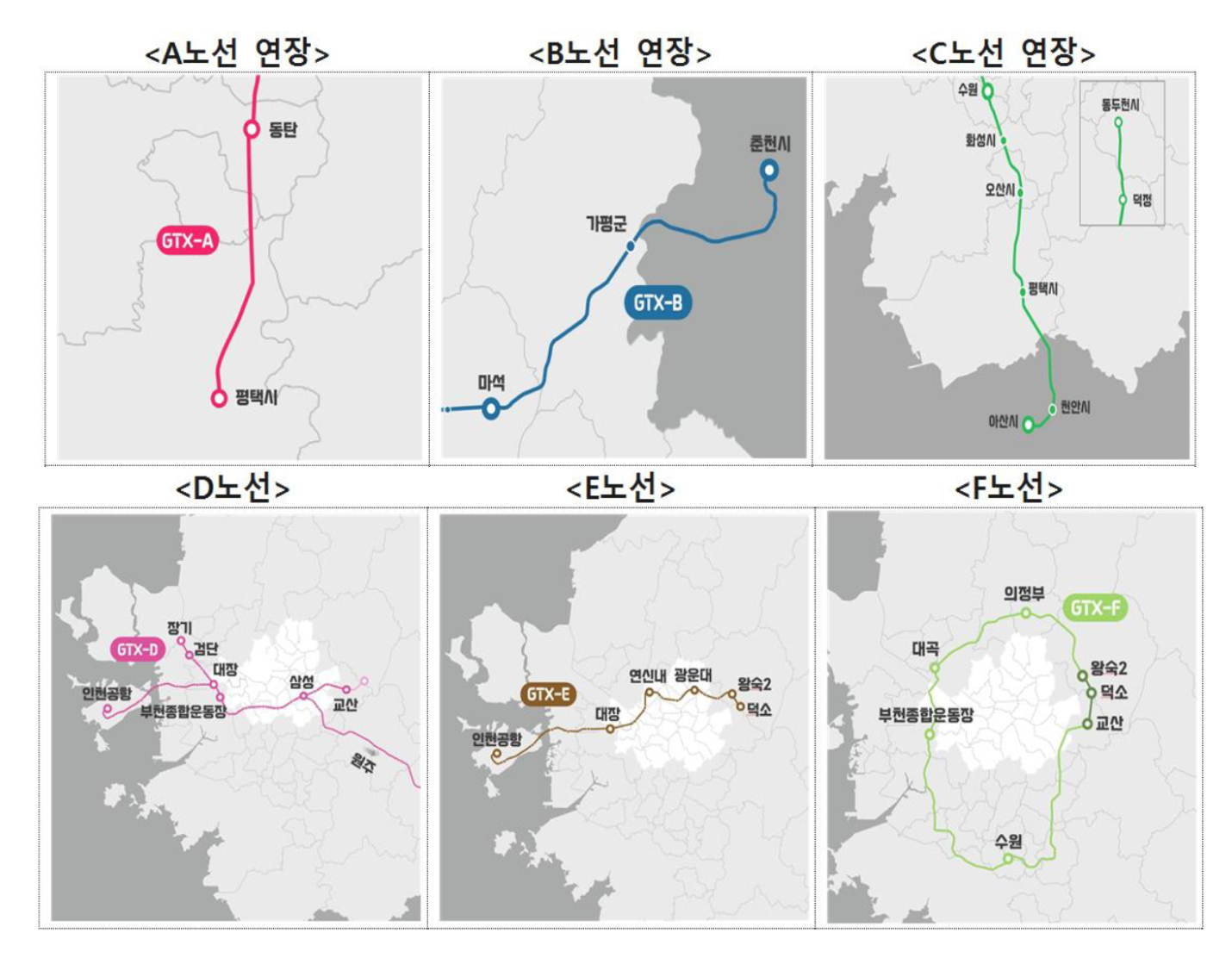 '2기 GTX' 노선도와 1기 GTX 노선도의 연장선을 보여주는 이미지이다.