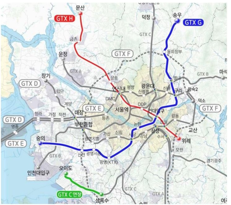'경기도'의 'GTX 플러스' 노선안을 보여주는 지도이다.