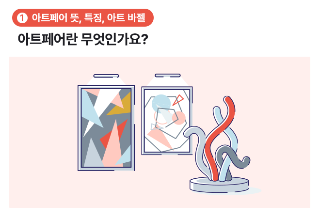 소제목 "아트페어 뜻, 특징, 아트 바젤", 그리고 "아트페어란 무엇인가요?"가 적혀 있습니다. 그 아래에는 키아프 프리즈의 미술 작품과 전시물이 있습니다.