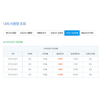 에너지 아끼는 소비 습관 '탄소중립포인트 에너지'의 지급 현황이에요. 절약의 달인 '자취린이'가 실제 받은 포인트 현황입니다. 2024년 상반기에는 23,000포인트를 받아 46,000원의 현금을 받았습니다.