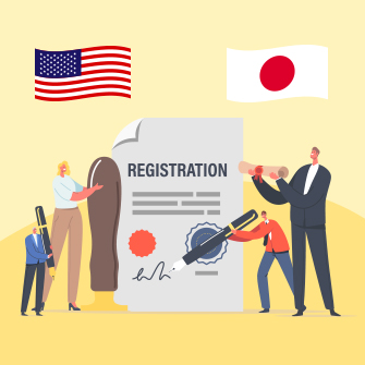 저작권과 관련된 Registration이라고 적힌 종이가 있습니다. 왼쪽에는 미국 국기와 도장이, 오른쪽에는 일본 국기와 펜이 있습니다.
