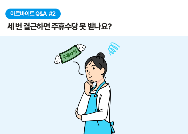 아르바이트 Q&A #2 세 번 결근하면 주휴수당 못 받나요? 한 여성 청소년이 의문을 가진 모습으로 턱을 만지고 있습니다. 머리 위에는 주휴수당이라고 적힌 지폐가 날아가는 모습입니다.