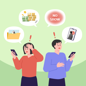 아이폰 스냅을 예약한 남녀가 곤란에 빠진 모습입니다. 허공에는 컴퓨터의 사진 폴더와 현금, ‘NO SHOW’ 문구, 전화 거절 화면이 말풍선 안에 나타나 있습니다.