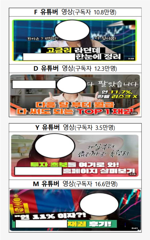  해외채권 사기 관련 유튜브 거짓 홍보 영상 스크린샷. 유튜버의 얼굴이 가려져 있으며 '고금리', '연 11% 이자'와 같은 피해자를 유인하는 단어들이 섬네일에 적혀 있다. 