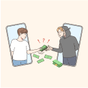 스마트폰 화면을 통해 피해자가 후드티를 입은 수상한 사람에게 돈을 건네는 장면으로, 해외채권 사기를 상징한다. 