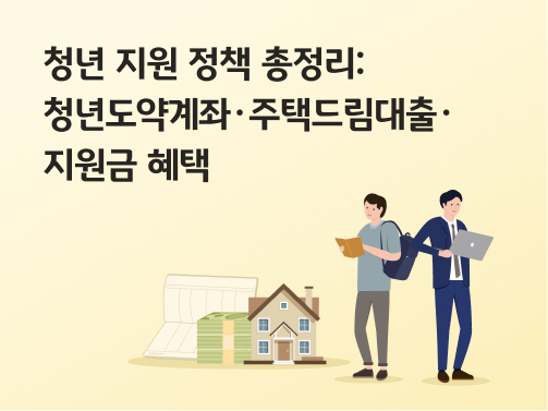 청년 지원 정책 총정리: 청년도약계좌·주택드림대출·지원금 혜택 이라는 글자가 있으며 열려져 있는 통장과 돈 뭉치, 집이 있습니다. 옆에는 학생과 회사원이 서 있습니다.