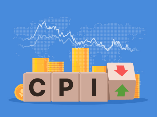 미국 CPI를 나타내는 글자 CPI가 각 블록에 새겨져 있고, 옆에는 위 아래를 의미하는 화살표의 블록이 있습니다. 뒷편으로는 동전이 쌓아져 있고, 배경에는 금융시장의 변동성을 나타내는 그래프가 있습니다. 