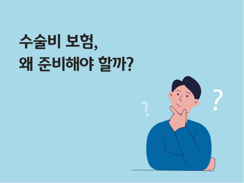 "수술비 보험, 왜 준비해야 할까?" 라고 써있는 이미지로, 남자가 턱을 괴고 궁금한 표정을 짓고 있다.