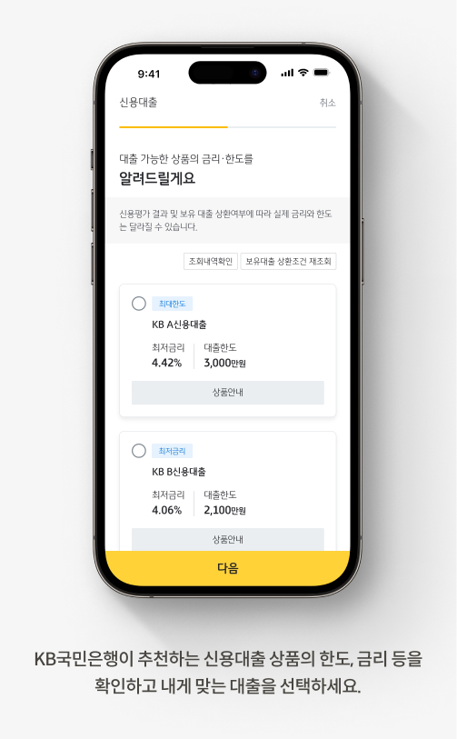 KB국민은행이 추천하는 신용대출 상품의 한도, 금리를 확인하고 적합한 대출을 선택한다. 