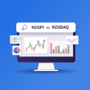 컴퓨터 모니터에 "KOSPI vs KOSDAQ" 이라고 적힌 검색창과 각종 주가 차트가 있습니다.