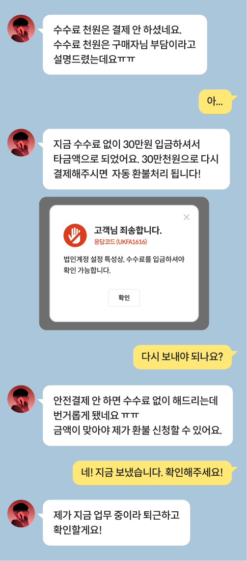 티켓 거래 과정에서 티켓 사기꾼과 주고받은 대화 내용입니다. 판매자가 구매자에게 수수료를 입금하지 않았다며 다시 입금하라고 하고 있습니다. 수수료 천원을 포함해 30만 천원을 입금하면 전에 입금한 30만원이 자동 환불처리 된다며 추가 사기를 시도하고 있습니다.