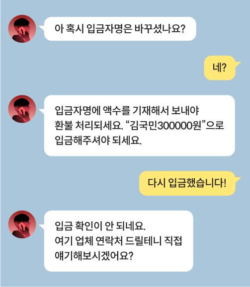 티켓 거래 과정에서 티켓 사기꾼과 주고받은 대화 내용입니다. 판매자가 구매자에게 입금자명이 잘못됐다며 "입금자명에 액수를 기재해서 보내야 환불 처리된다"고 말하고 있습니다. 추가 사기를 시도하는 모습입니다.