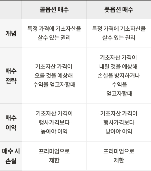 콜옵션 매수와 풋옵션 매수의 개념, 매수전략, 매수 이익, 매수 시 손실을 설명하고 있다.