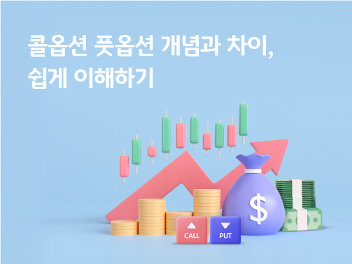 CALL과 PUT 아이콘이 앞에 나와있고, 뒷편으로는 동전 더미와 달러 뭉치, 화폐가 있습니다. 상승하는 선 그래프와 막대 그래프도 나와 있습니다.