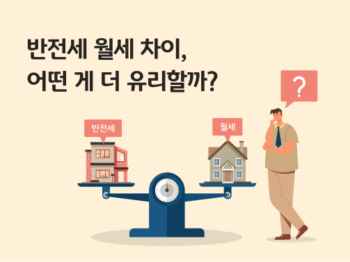 반전세 월세 차이, 어떤 게 더 유리할까? 글자가 나와있고, 반전세 월세를 저울에 놓고 고민하는 남성의 모습이 나와 있습니다. 반전세 월세 각 글자와 물음표가 나와 있습니다.