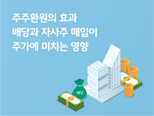 주주환원의 효과 배당과 자사주 매입이 주가에 미치는 영향이라는 문구가 나와 있으며, 그 아래 돈다발과 배당이라고 쓰여져 있는 뭉치가 있습니다. 그 옆으로는 회사와 돈다발과 동전들이 위치해 있습니다.