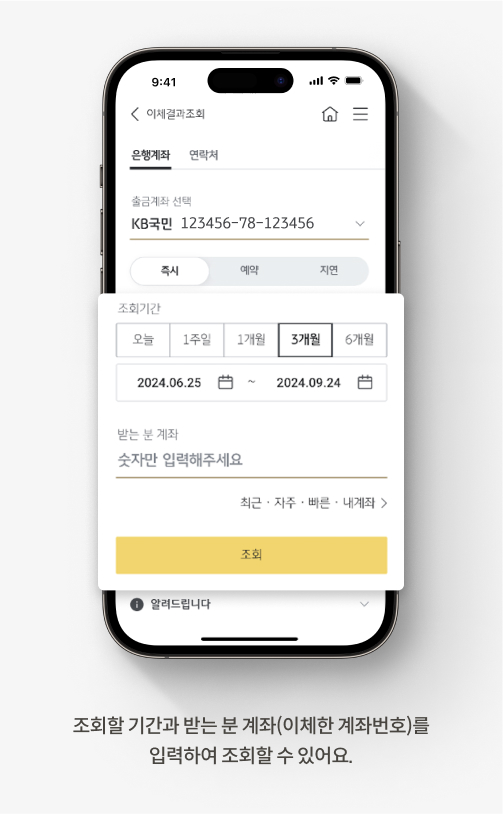 조회할 기간과 받는 분 계좌(이체한 계좌번호)를 입력하여 조회할 수 있어요.