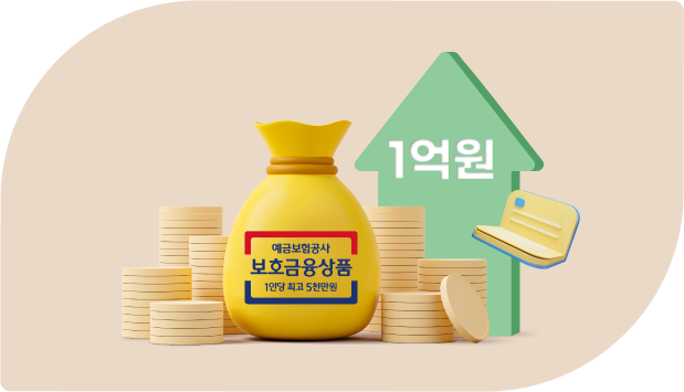 예금자 보호 한도를 나타내는 “예금보험공사 보험금융상품 1인당 최고 5천만원”이 적힌 주머니와 함께 “1억원”이 적힌 화살표, 동전 여러 개와 통장이 있습니다.
