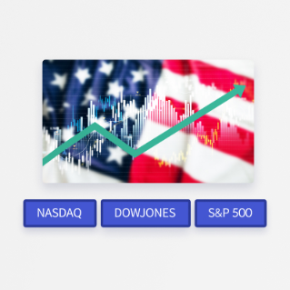 미국 국기가 있으며 그 위로 상승하는 그래프와 주식 차트 그래프가 있습니다. 그 아래 아이콘으로 나스닥, 다우존스, S&P 500이 차례로 나와 있습니다.