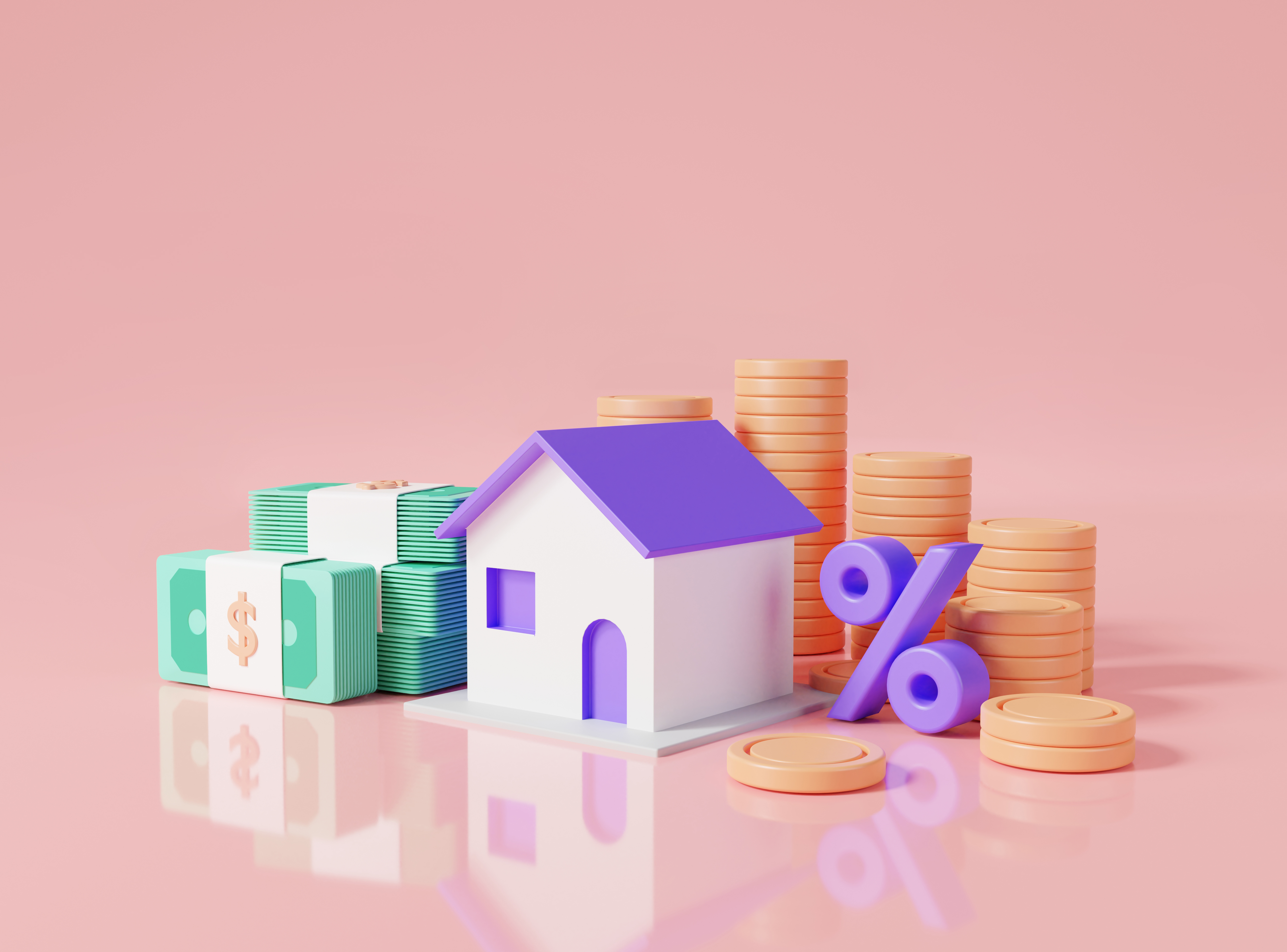 주택담보대출 갈아타기를 나타내는 보라색 주택, 지폐, 동전, 퍼센트 이미지이다.